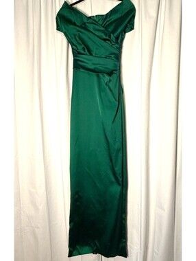 NWT Talbot Runhof Emerald Green Satin Off The Shoulder Gathered Gown US 2 $1350